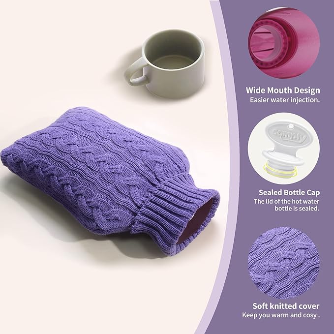 COMFORTABLE Hot Water Bottle with Knitted Cover, 2L Hot Water Bag for Hot and Cold Compress, Hand Feet Warmer, Ideal for Menstrual Cramps, Neck and Shoulder Pain Relief