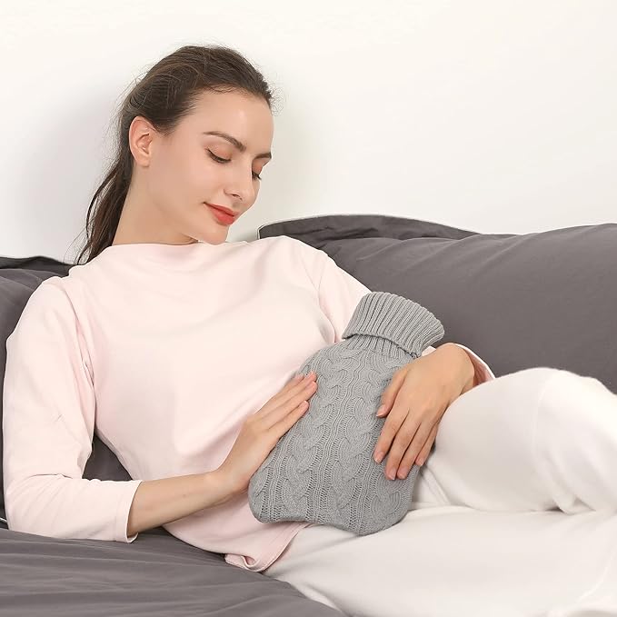 COMFORTABLE Hot Water Bottle with Knitted Cover, 2L Hot Water Bag for Hot and Cold Compress, Hand Feet Warmer, Ideal for Menstrual Cramps, Neck and Shoulder Pain Relief