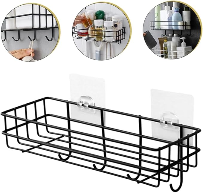 PREMIUM Bathroom organizer with hooks Bathroom Shelf Shower Shelf Adhesive Shower Caddy For Shampoo Holder Kitchen Rack Wall Holder Box Storage Basket With Hook Magic Sticker Shower Rack Shelf