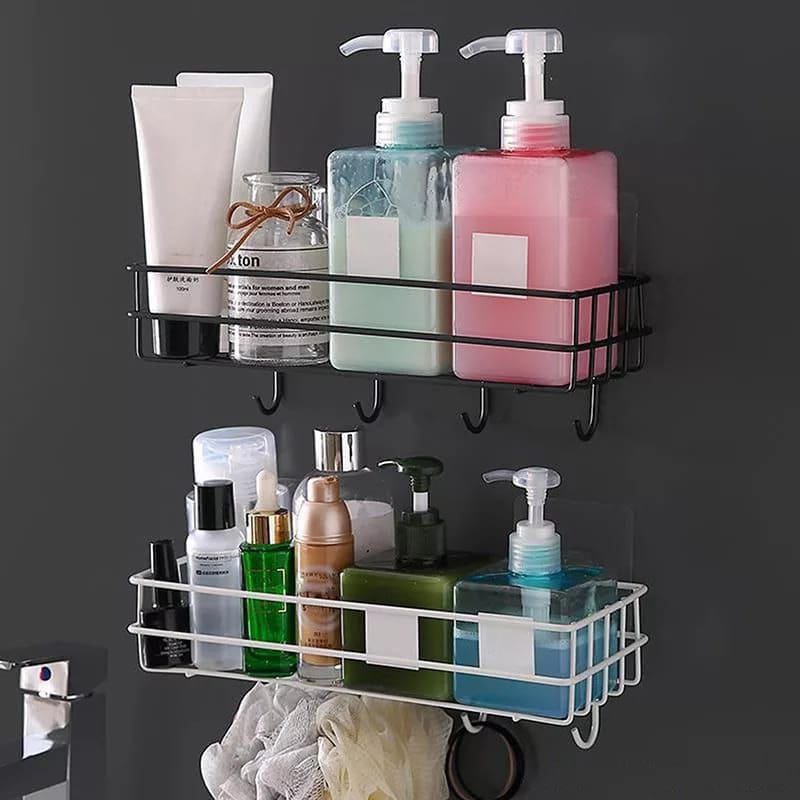 PREMIUM Bathroom organizer with hooks Bathroom Shelf Shower Shelf Adhesive Shower Caddy For Shampoo Holder Kitchen Rack Wall Holder Box Storage Basket With Hook Magic Sticker Shower Rack Shelf