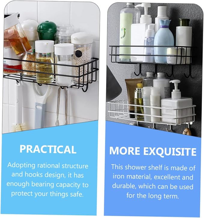PREMIUM Bathroom organizer with hooks Bathroom Shelf Shower Shelf Adhesive Shower Caddy For Shampoo Holder Kitchen Rack Wall Holder Box Storage Basket With Hook Magic Sticker Shower Rack Shelf