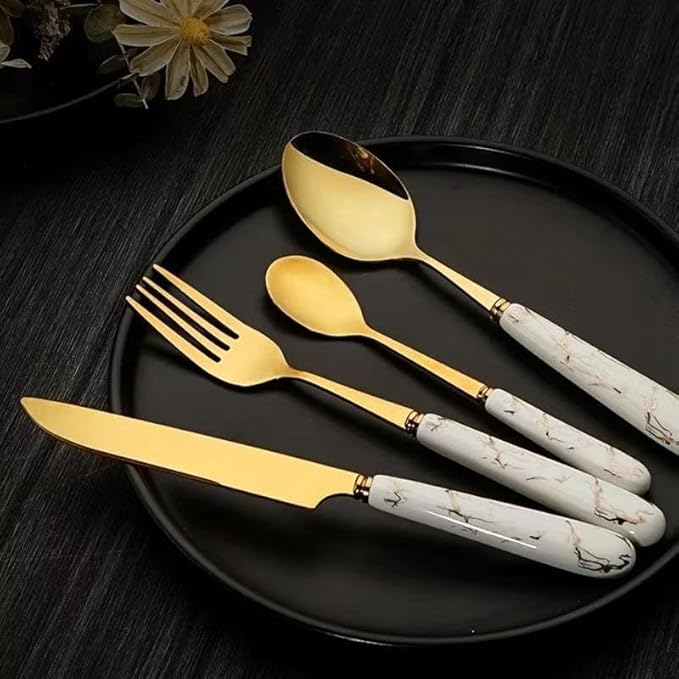 PREMIUM 24 Pcs Cutlery Set Ceramic Handle Stainless Steel Knife, Fork, Spoon Cutlery Set 24 Piece Cutlery
