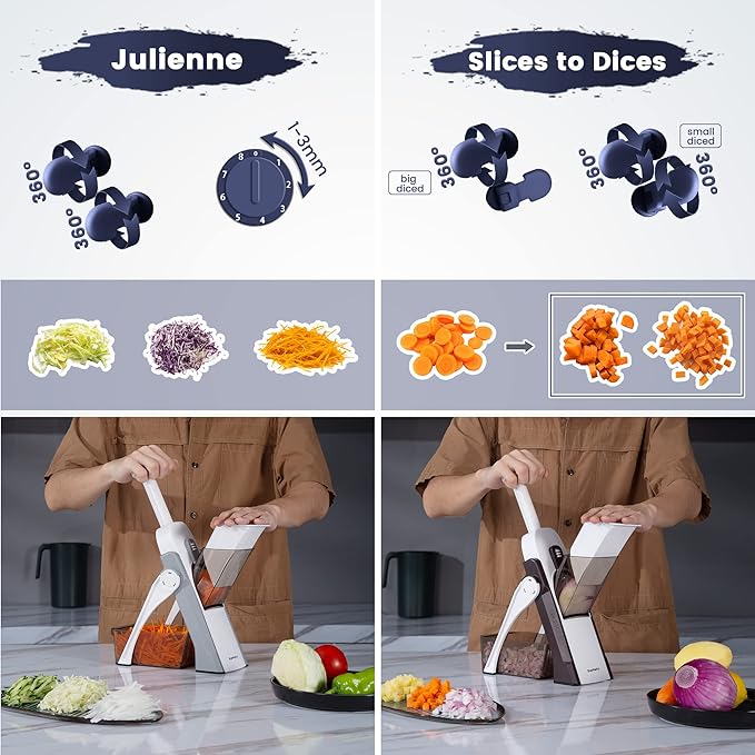 LUXURY Mandoline Slicer Safest Mandoline Vegetable Slicer, Potato Chip Cutter, Multifunctional Veg Chopper with Cutting Modes to Slice, Dice, Chop, Julienne