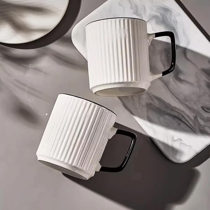 CLASSY 6Pcs Porcelain Cups - 14 Ounce for Coffee Drinks, Latte, Cafe and Tea Plastered Cool Porcelain Solid Color Design, Microwave Oven Ceramic Mug With Handle