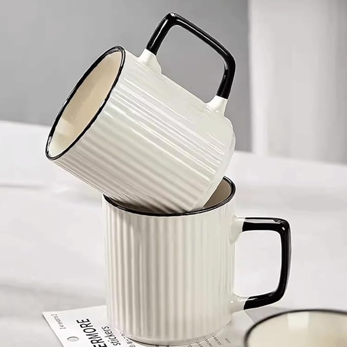 CLASSY 6Pcs Porcelain Cups - 14 Ounce for Coffee Drinks, Latte, Cafe and Tea Plastered Cool Porcelain Solid Color Design, Microwave Oven Ceramic Mug With Handle