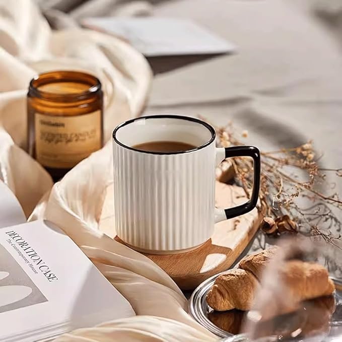CLASSY 6Pcs Porcelain Cups - 14 Ounce for Coffee Drinks, Latte, Cafe and Tea Plastered Cool Porcelain Solid Color Design, Microwave Oven Ceramic Mug With Handle