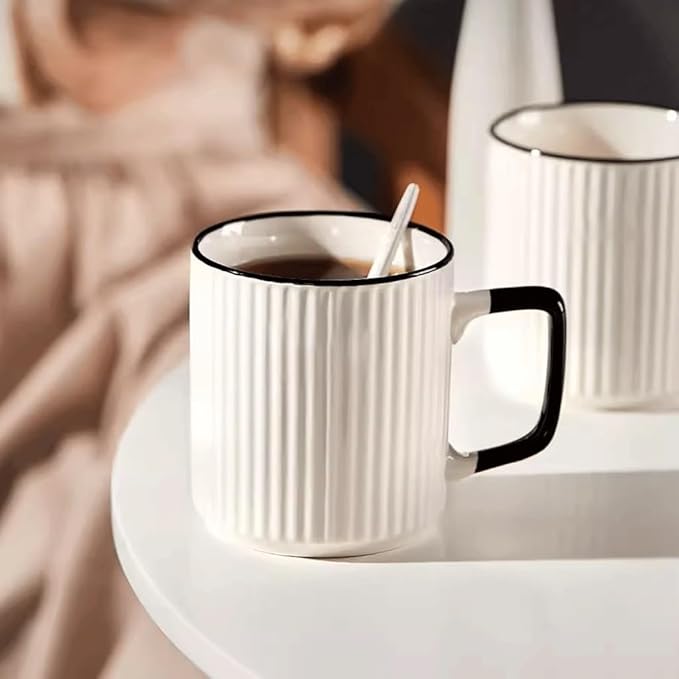 CLASSY 6Pcs Porcelain Cups - 14 Ounce for Coffee Drinks, Latte, Cafe and Tea Plastered Cool Porcelain Solid Color Design, Microwave Oven Ceramic Mug With Handle