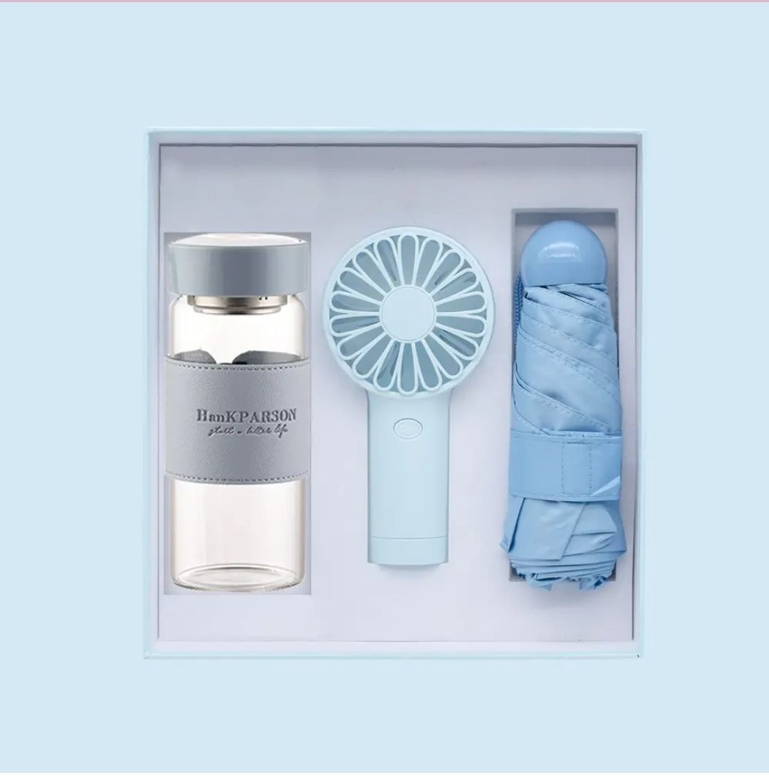 PROMOTIONAL gift :fan umbrella and glass bottle idea giveaway, new product gift set for business corporate items gift set ideal also for birthday, anniversary, appreciation gifts