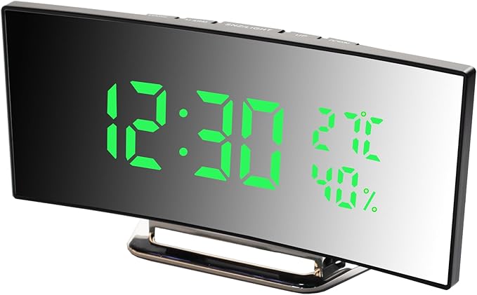 Digital Alarm Clock Bedside, LED Bedside Clock with 7" Curved Screen, Snooze, 2 Levels of Brightness,Night Light, USB Charging Port and battery powered, 12/24 Hr, for Heavy Sleepers, Travel clock