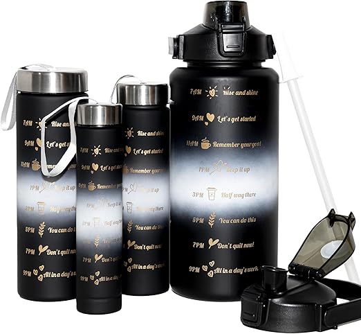 LUXURY 4in1 Water Bottle Kit  BPA Free Leakproof Water Bottles with Time Markers Portable for Sport Camping Fitness School School Kids (4PCS)