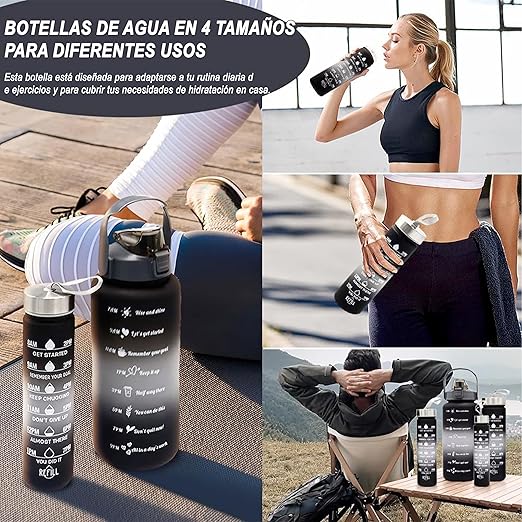 LUXURY 4in1 Water Bottle Kit  BPA Free Leakproof Water Bottles with Time Markers Portable for Sport Camping Fitness School School Kids (4PCS)