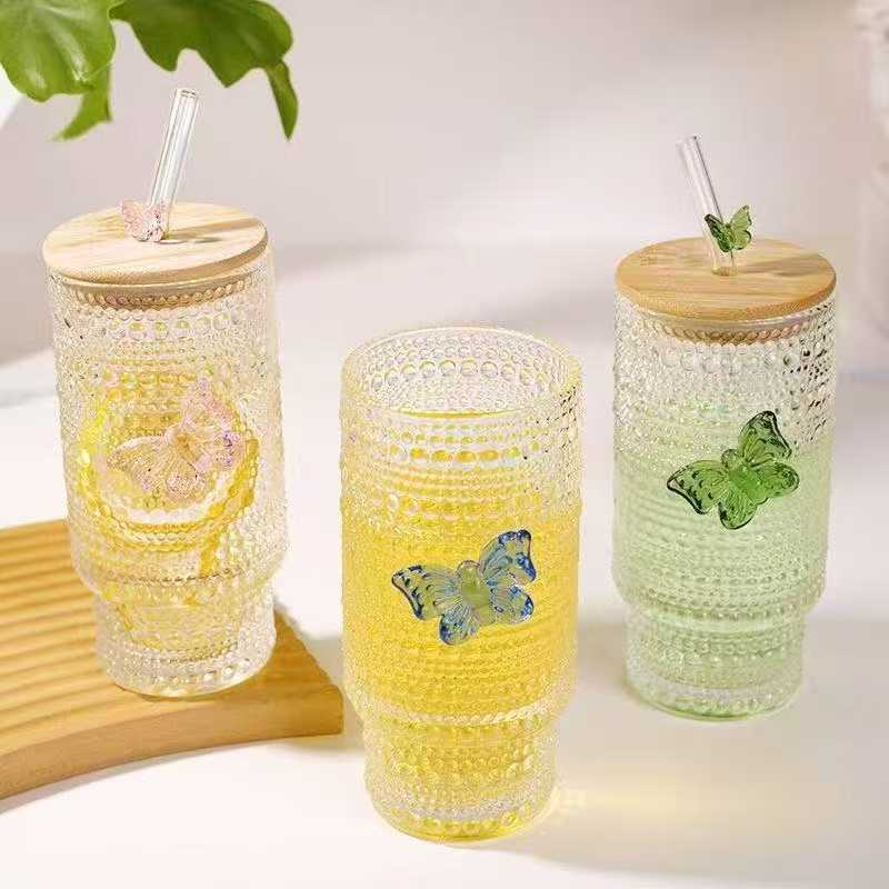 CLASSY 475ml Glass Cups with Lids and Straws, Vintage  Embossed tumbler Glassware for Whiskey Cocktail Beer, Iced Coffee/tea Cups with Lid, Glass Tumbler with Straw and Lid