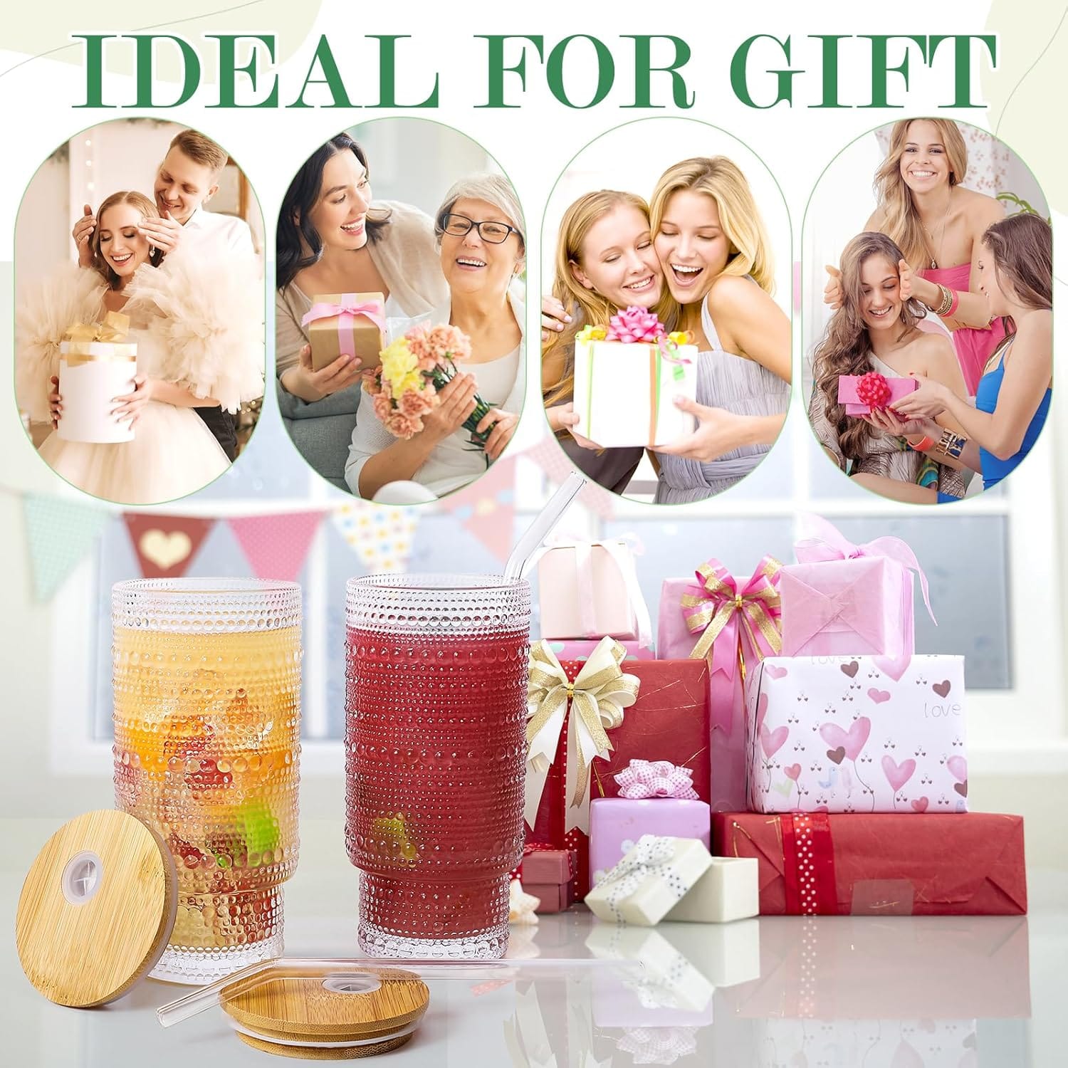 CLASSY 475ml Glass Cups with Lids and Straws, Vintage  Embossed tumbler Glassware for Whiskey Cocktail Beer, Iced Coffee/tea Cups with Lid, Glass Tumbler with Straw and Lid