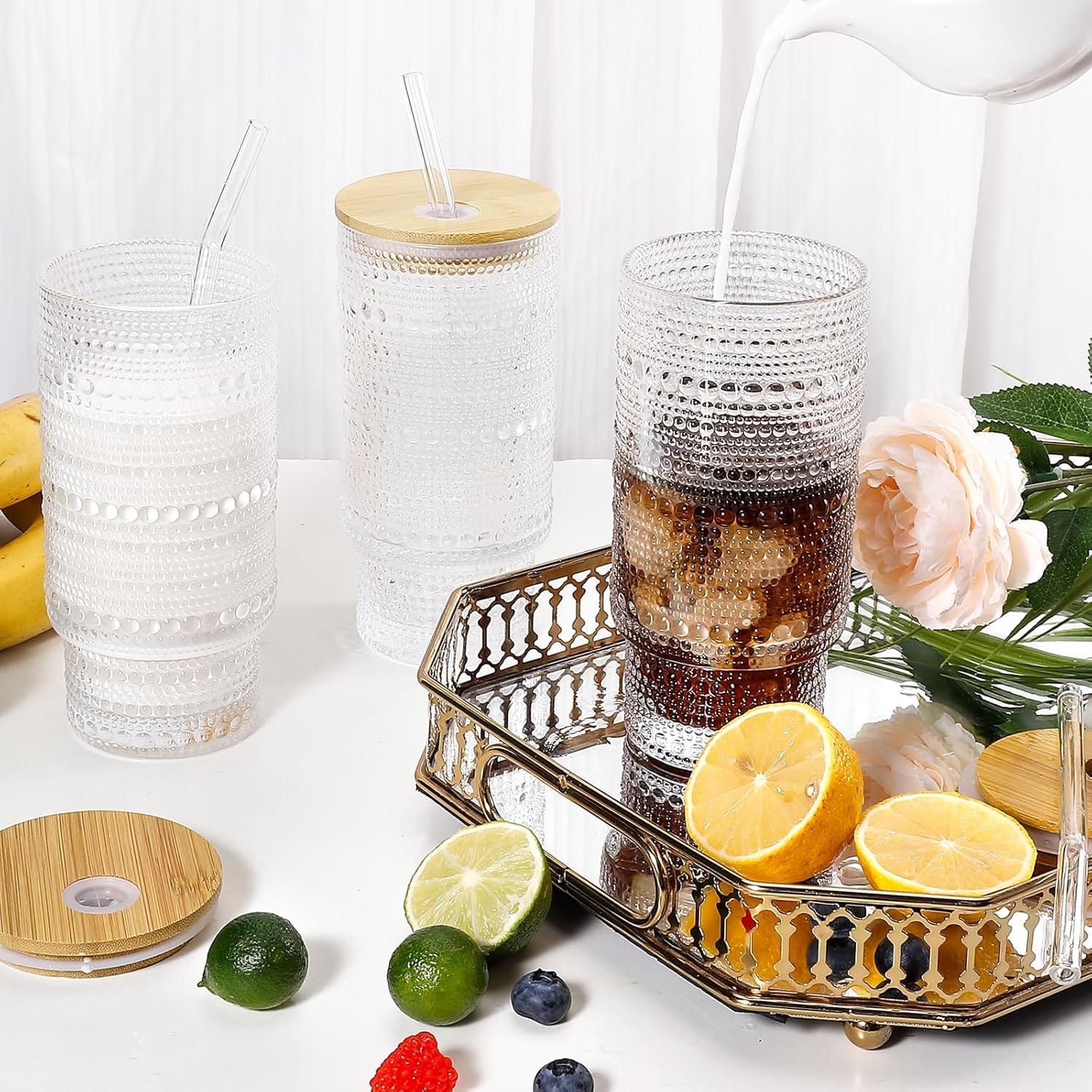 CLASSY 475ml Glass Cups with Lids and Straws, Vintage  Embossed tumbler Glassware for Whiskey Cocktail Beer, Iced Coffee/tea Cups with Lid, Glass Tumbler with Straw and Lid