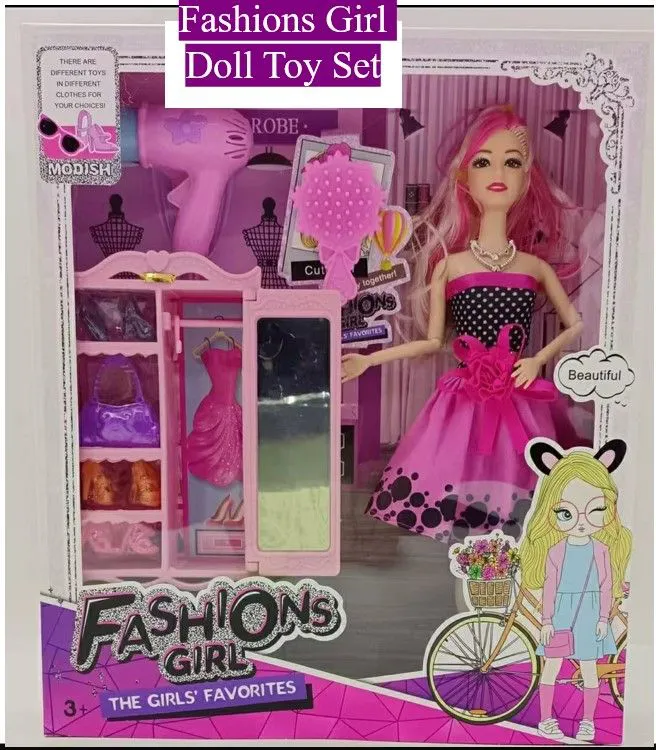 Fashions Girl Doll Toy Set – Fashion Doll with Pink Hair, Polka-Dot Dress, Wardrobe Closet with Mirror, Hairbrush, Hair Dryer, Extra Clothes, Accessories for Creative Role-Play Fun for Kids 3+