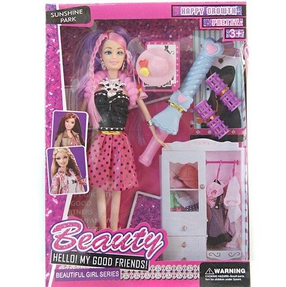 Fashions Girl Doll Toy Set – Fashion Doll with Pink Hair, Polka-Dot Dress, Wardrobe Closet with Mirror, Hairbrush, Hair Dryer, Extra Clothes, Accessories for Creative Role-Play Fun for Kids 3+