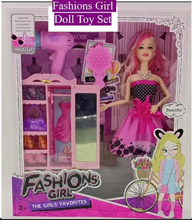 Fashions Girl Doll Toy Set – Fashion Doll with Pink Hair, Polka-Dot Dress, Wardrobe Closet with Mirror, Hairbrush, Hair Dryer, Extra Clothes, Accessories for Creative Role-Play Fun for Kids 3+