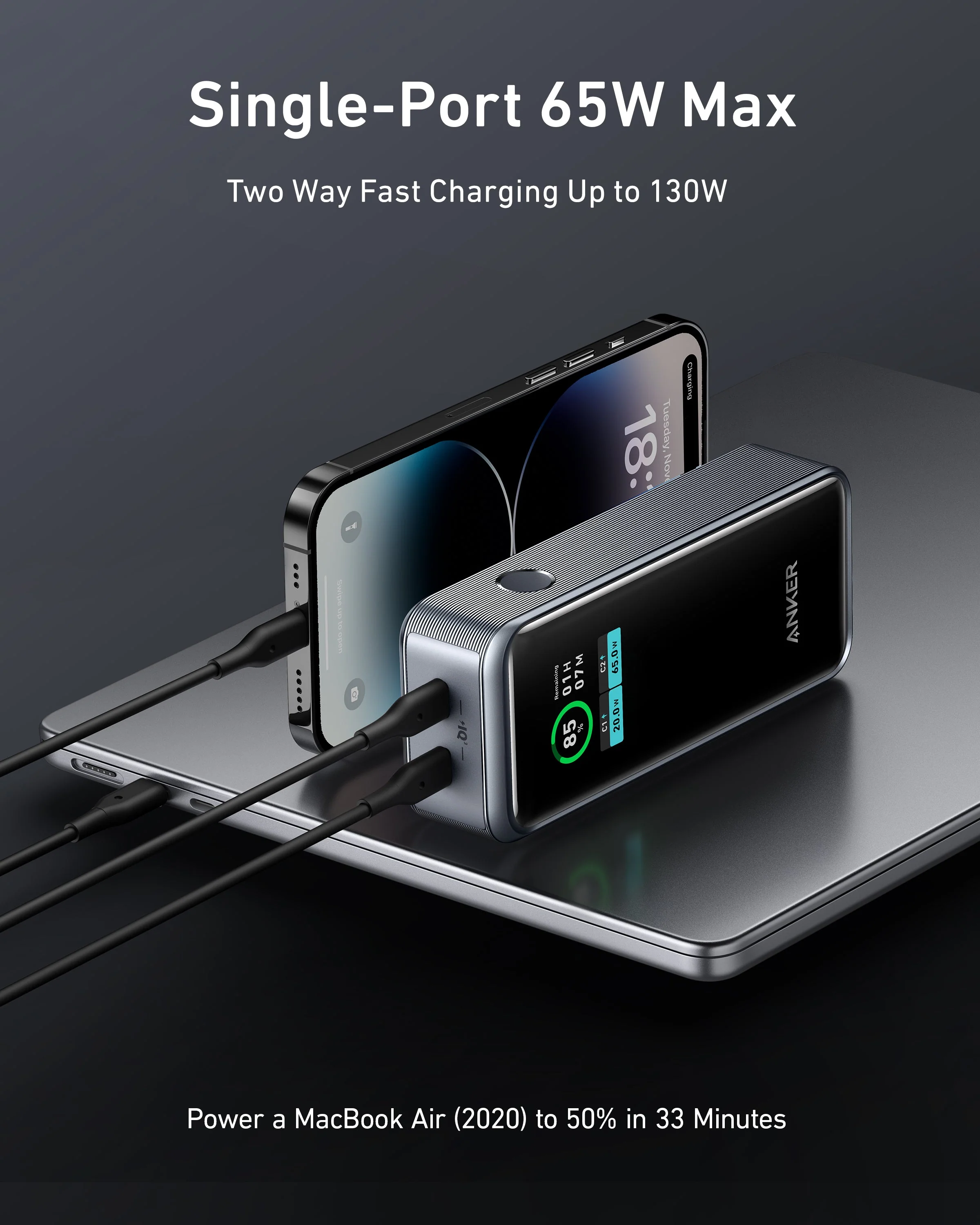 Anker Prime 12,000mAh Power Bank (130W) | Ultra-Fast Charging | Dual USB-C & USB-A | Smart Digital Display | Compact & Travel-Friendly