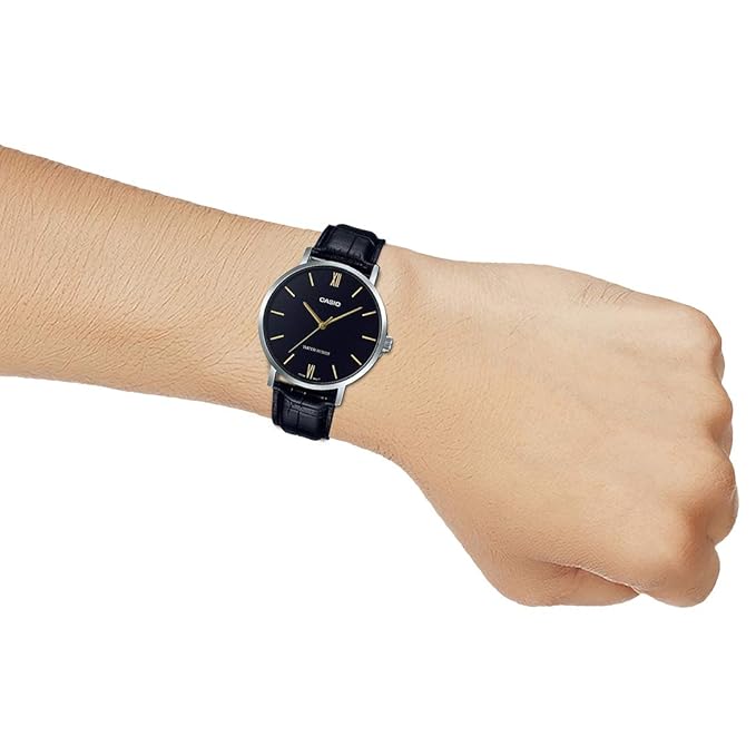 Casio MTP-VT01L-1B2 Men's Minimalistic Black Dial Black Leather Band Analog Watch