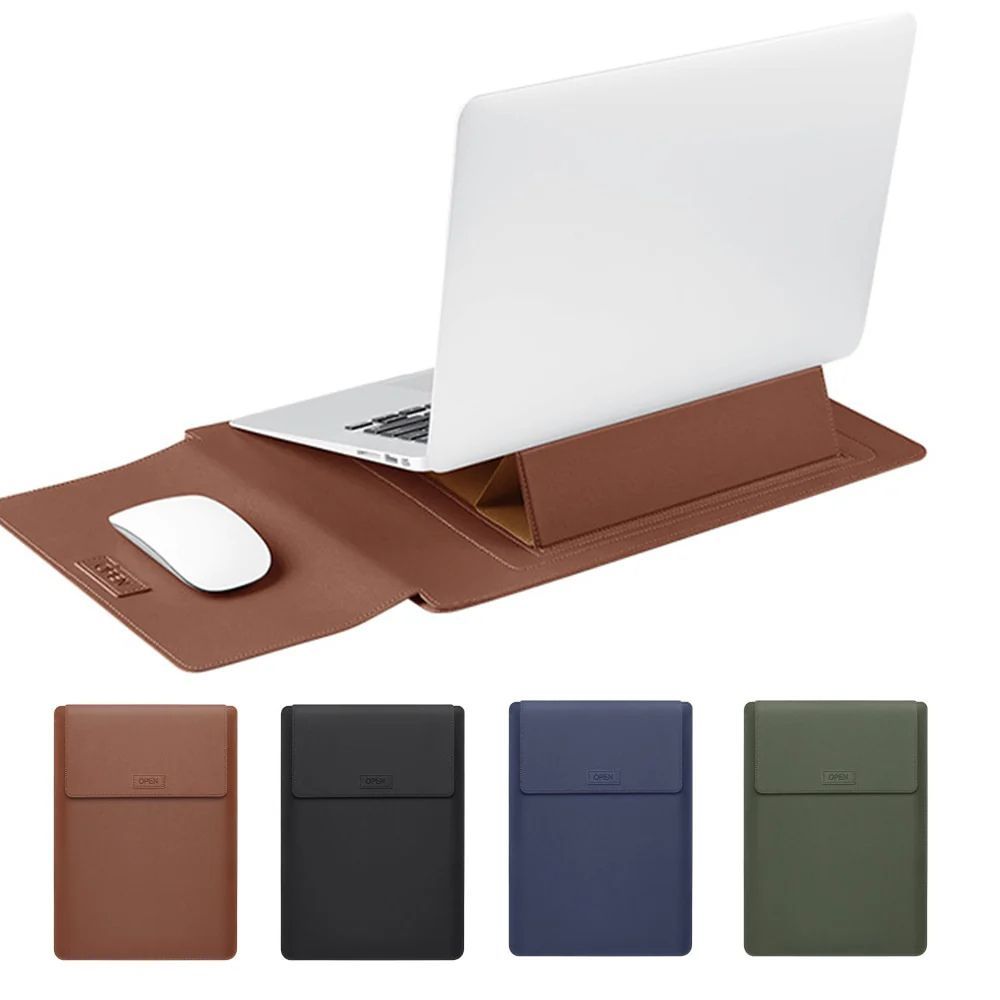 Multi-Functional PU Leather Laptop Sleeve, Waterproof, Foldable Stand, and Mouse Pad for 13-15 Inch Laptops