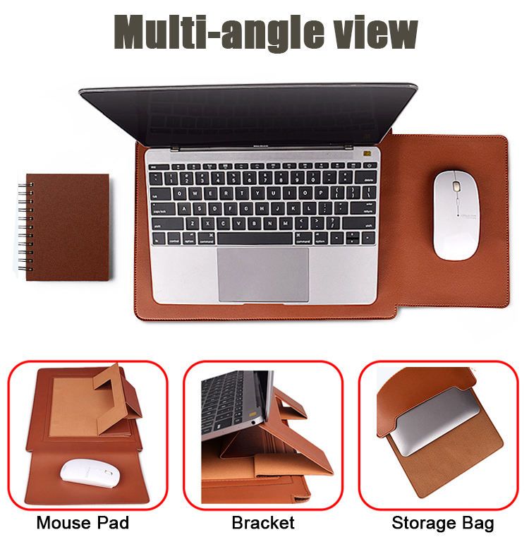 Multi-Functional PU Leather Laptop Sleeve, Waterproof, Foldable Stand, and Mouse Pad for 13-15 Inch Laptops