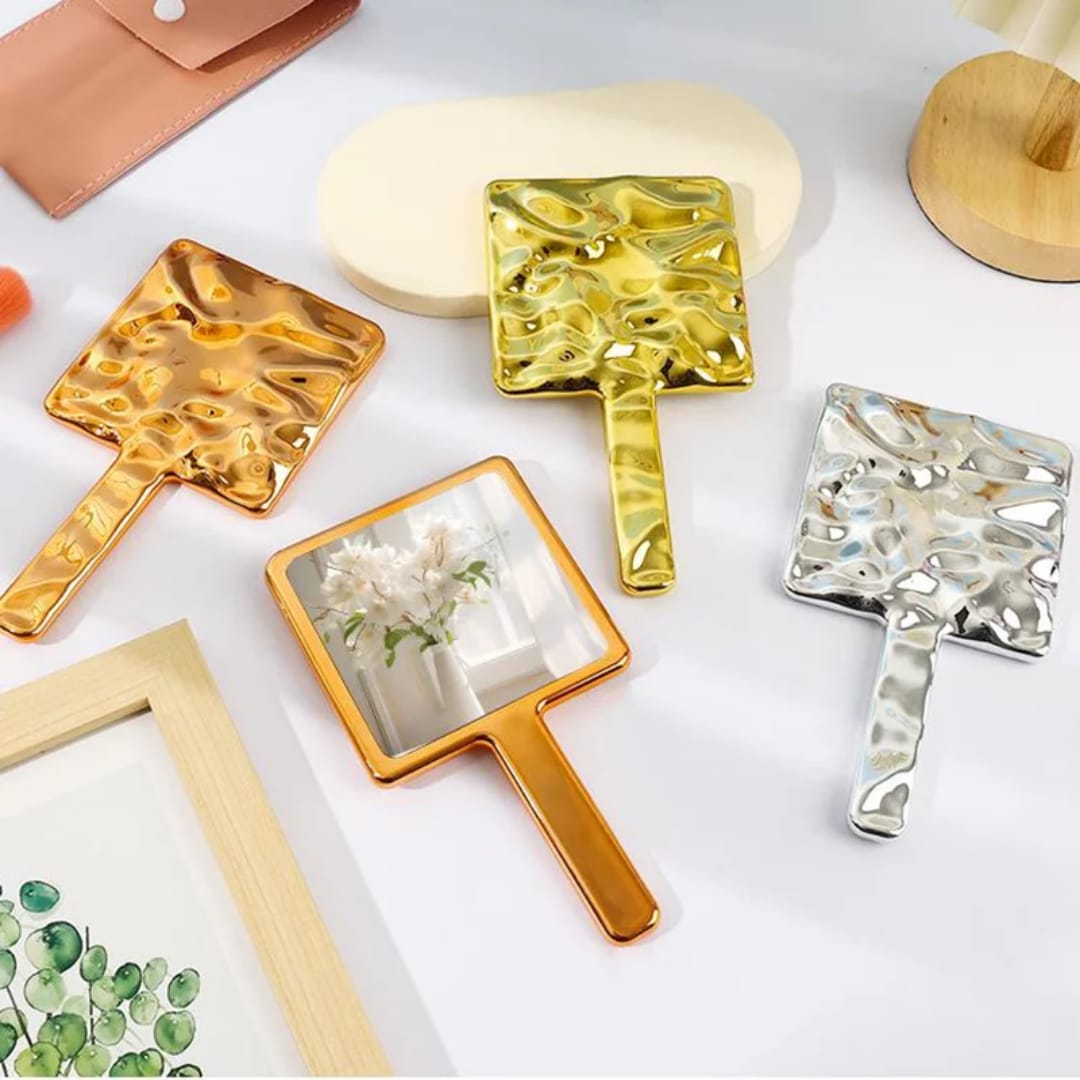 High Quality Electroplated Cosmetic Mirror ABS Square Wavy Handheld Portable Makeup Mirror Luxury Handheld Makeup Mirror Portable Cosmetic Mirror with Metallic Feeling Personalized Features