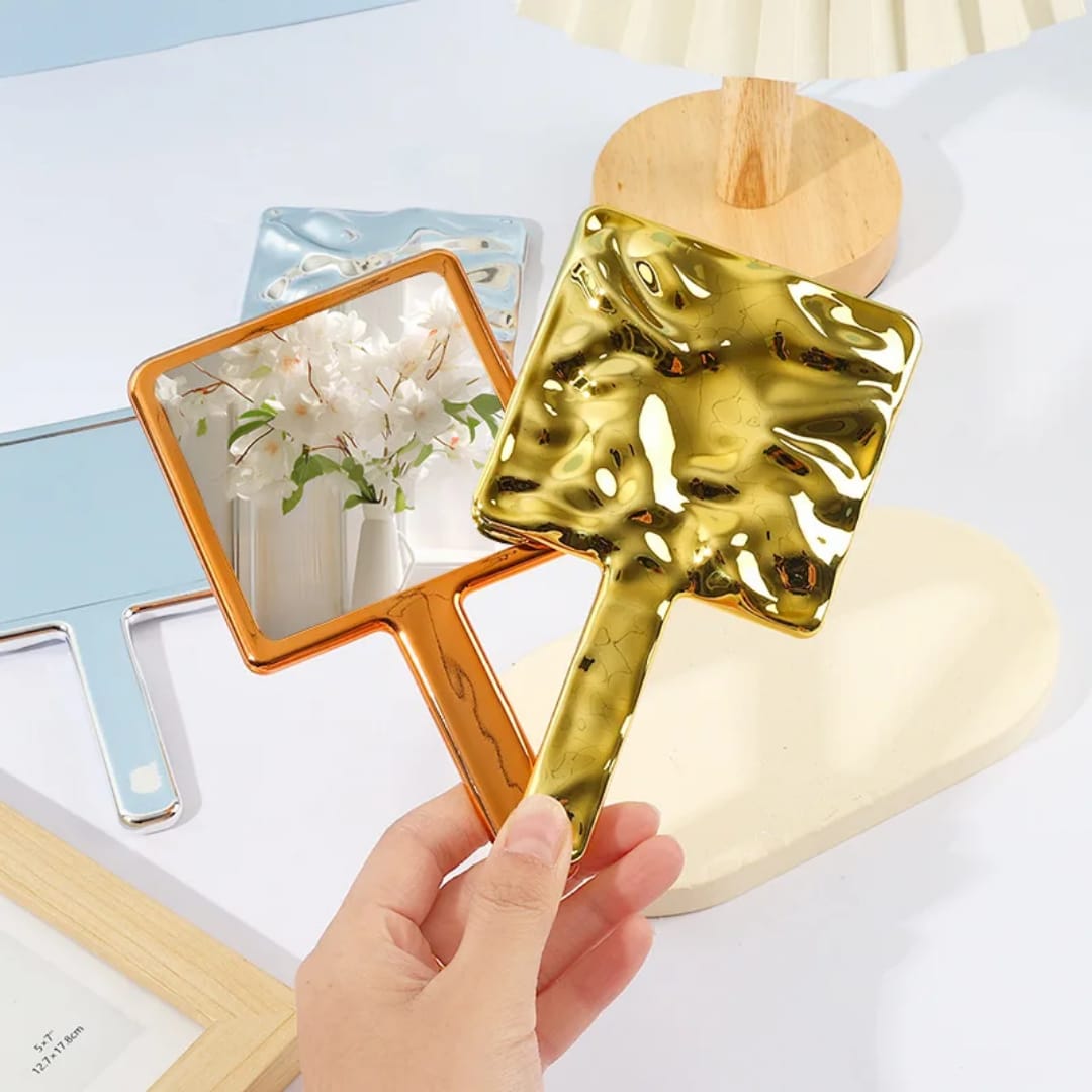 High Quality Electroplated Cosmetic Mirror ABS Square Wavy Handheld Portable Makeup Mirror Luxury Handheld Makeup Mirror Portable Cosmetic Mirror with Metallic Feeling Personalized Features