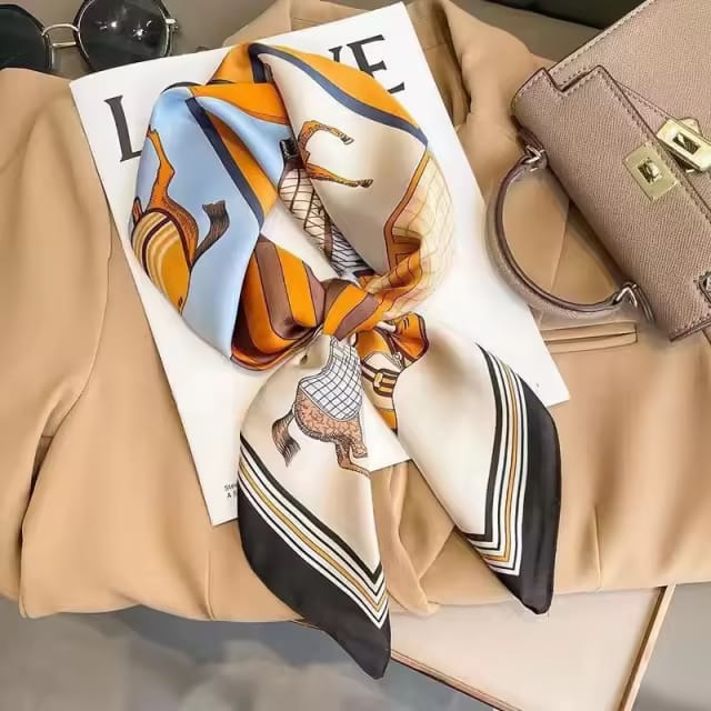 Women's Summer Silk Scarf  Square Light Luxury Vintage Floral Outdoor Multi-Functiona Luxury Muslim Women Digital Printing Nordic Simple Striped 70cm Square Neckerchief satin