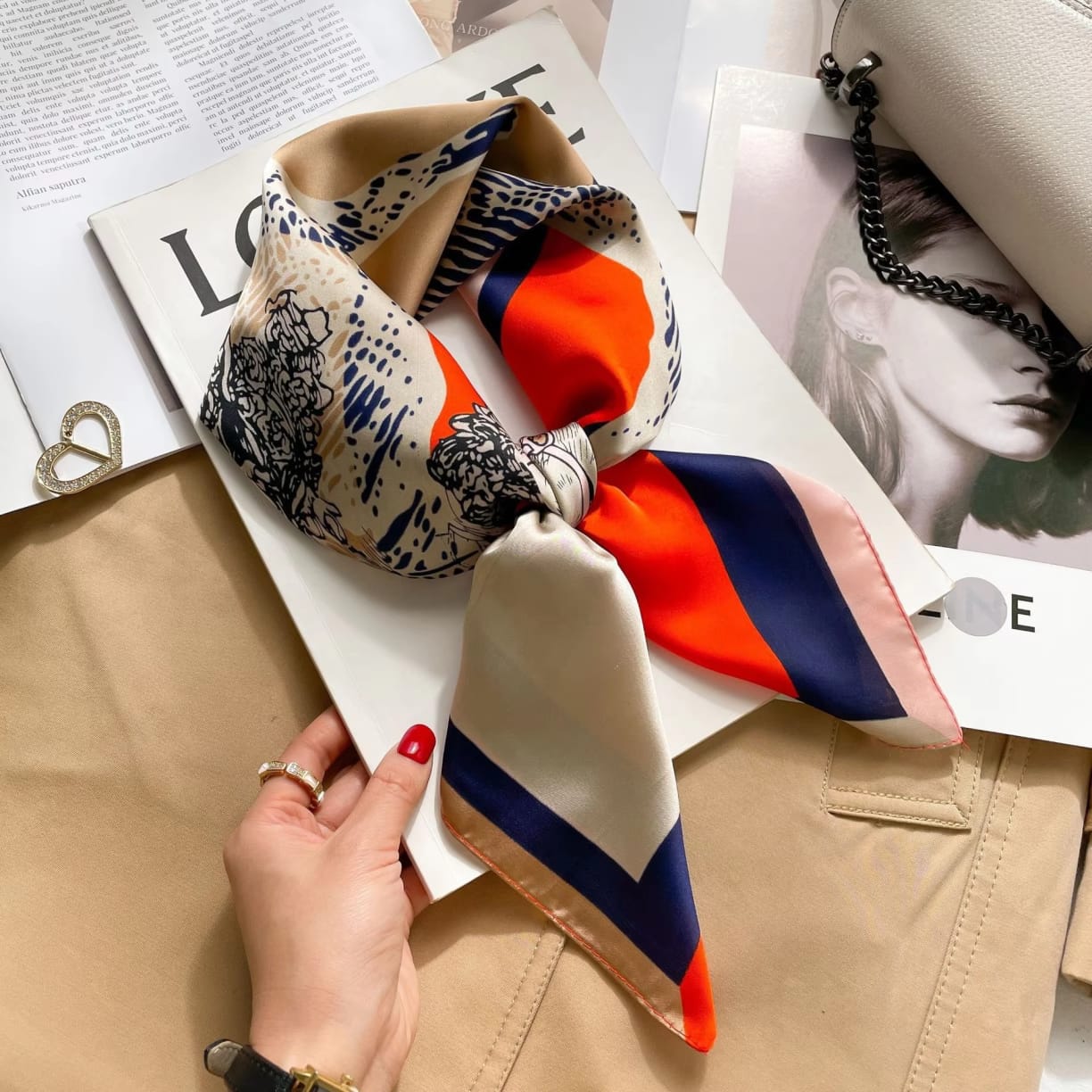 Women's Summer Silk Scarf  Square Light Luxury Vintage Floral Outdoor Multi-Functiona Luxury Muslim Women Digital Printing Nordic Simple Striped 70cm Square Neckerchief satin
