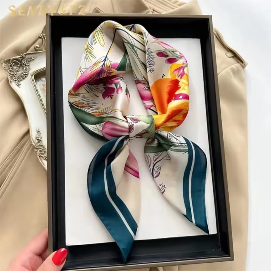 Women's Summer Silk Scarf  Square Light Luxury Vintage Floral Outdoor Multi-Functiona Luxury Muslim Women Digital Printing Nordic Simple Striped 70cm Square Neckerchief satin