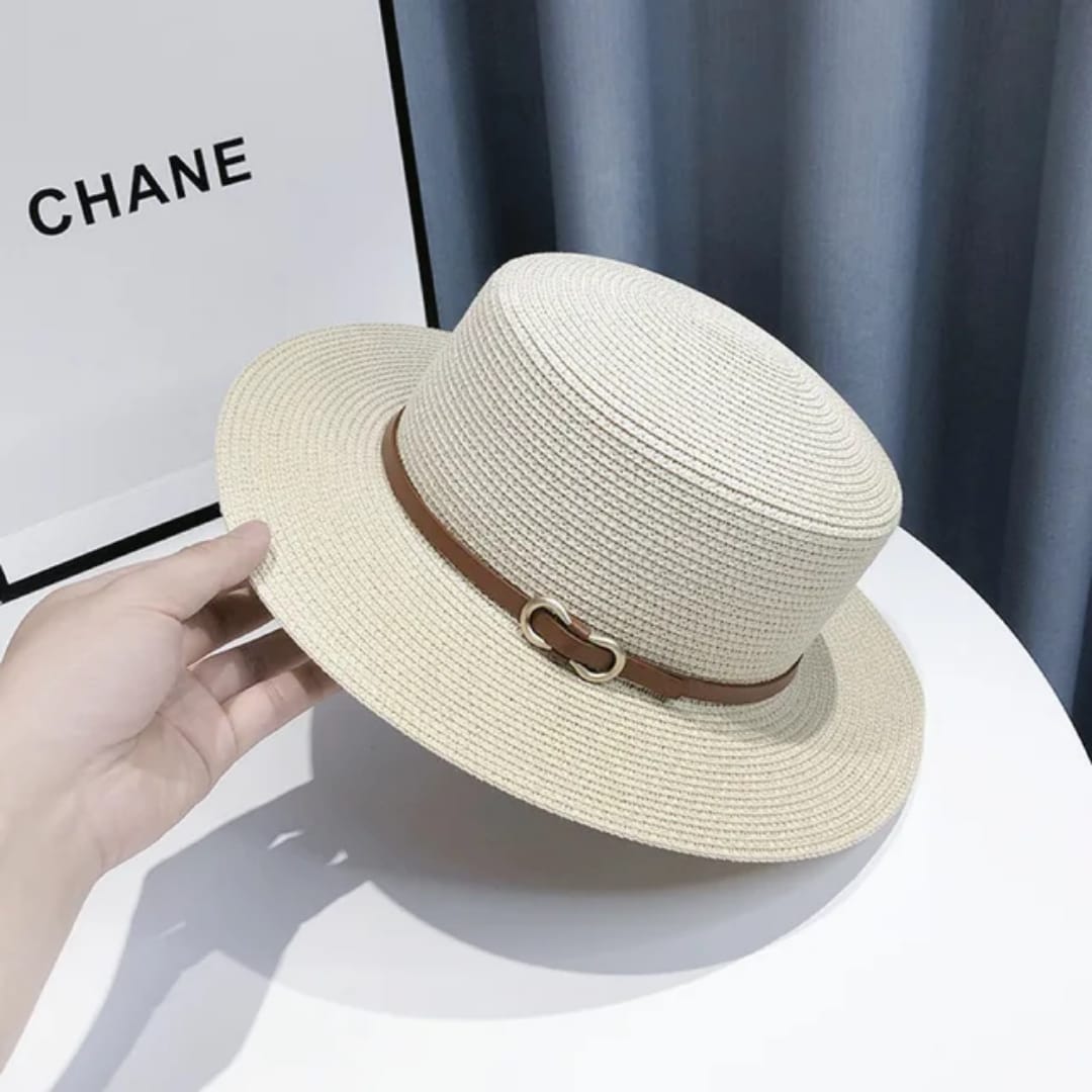 French-style Elegant Leather Belt Flat-top Straw Hat Seaside Vacation Beach Hat UV protection Wide-brimmed Straw Hat for Ladies
Beach hat