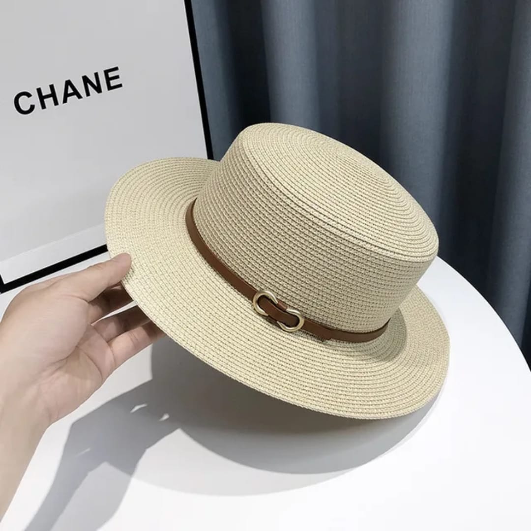 French-style Elegant Leather Belt Flat-top Straw Hat Seaside Vacation Beach Hat UV protection Wide-brimmed Straw Hat for Ladies
Beach hat