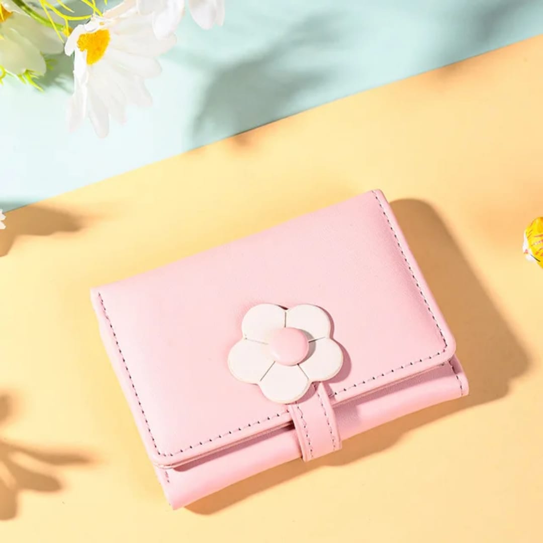 Ladies Short Purse with Cute Flower and Cartoon Pattern PU Money Clip Ins Buckle Zipper Closure Coin Purses for Women