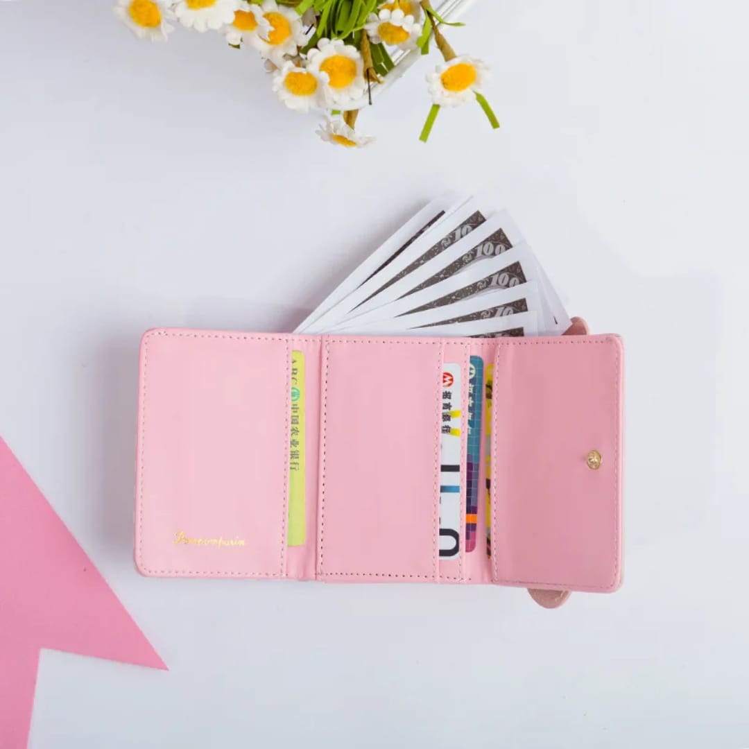 Ladies Short Purse with Cute Flower and Cartoon Pattern PU Money Clip Ins Buckle Zipper Closure Coin Purses for Women