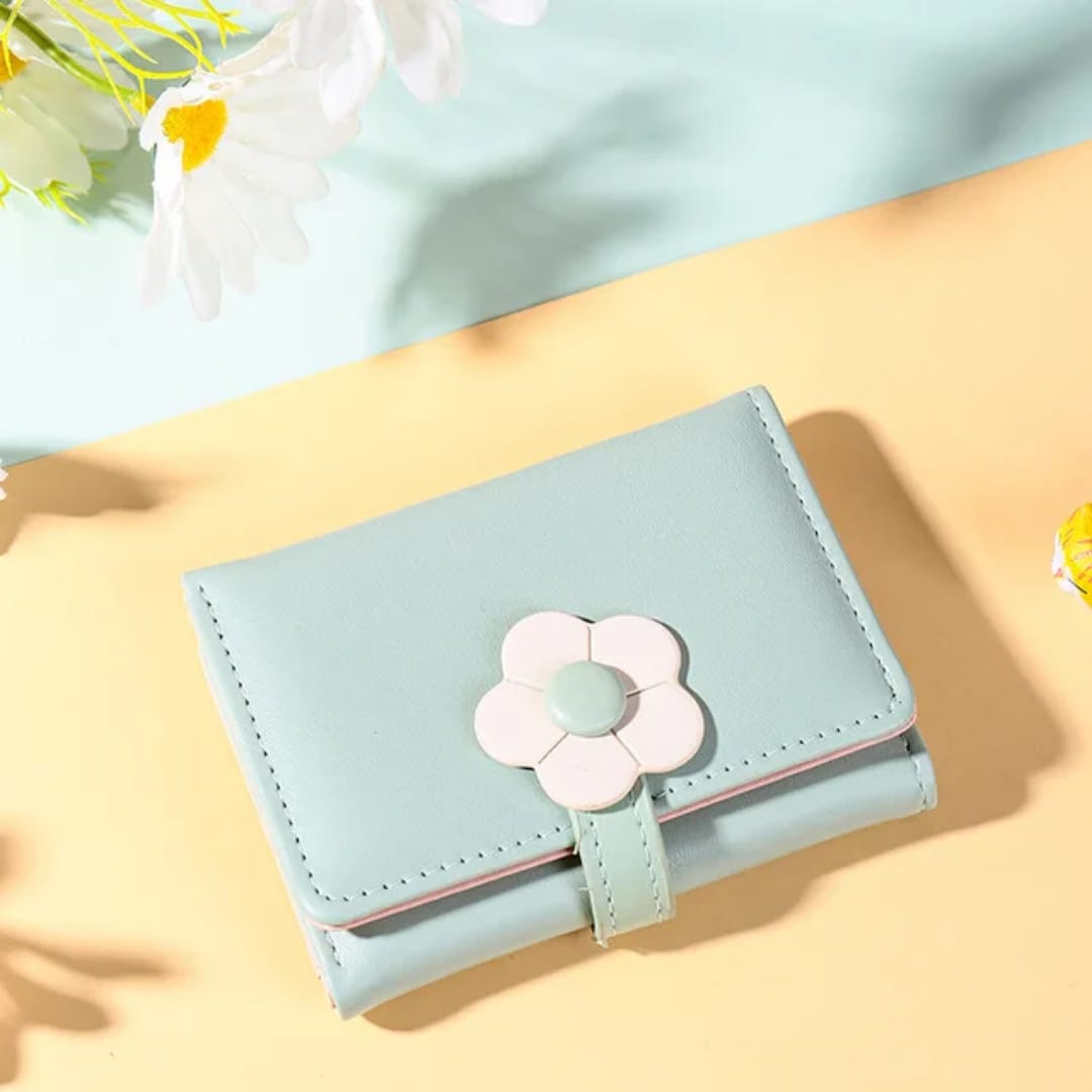 Ladies Short Purse with Cute Flower and Cartoon Pattern PU Money Clip Ins Buckle Zipper Closure Coin Purses for Women
