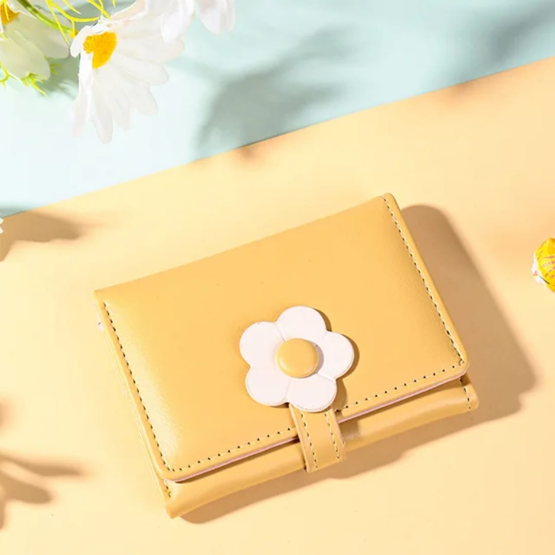 Ladies Short Purse with Cute Flower and Cartoon Pattern PU Money Clip Ins Buckle Zipper Closure Coin Purses for Women