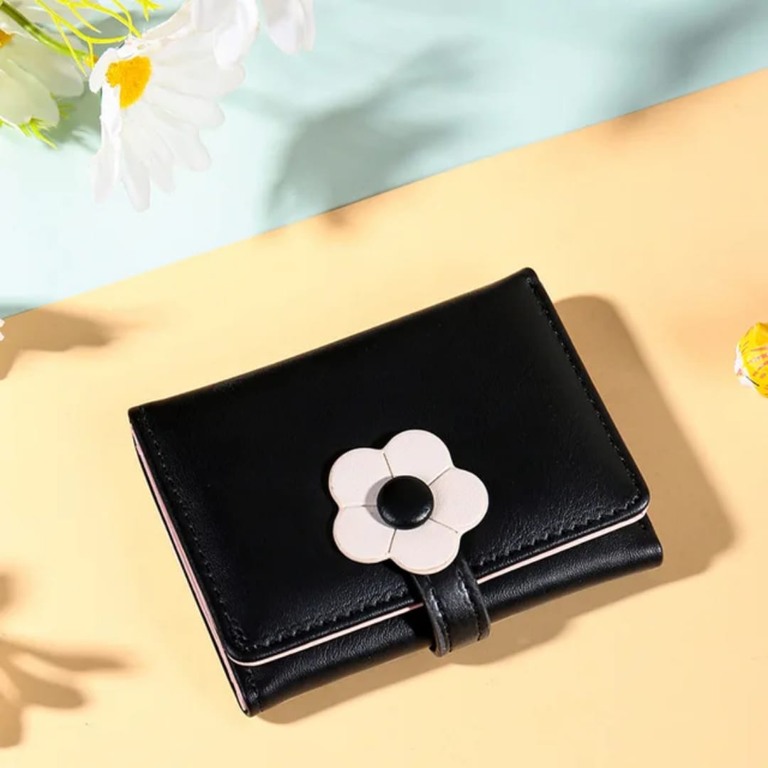 Ladies Short Purse with Cute Flower and Cartoon Pattern PU Money Clip Ins Buckle Zipper Closure Coin Purses for Women