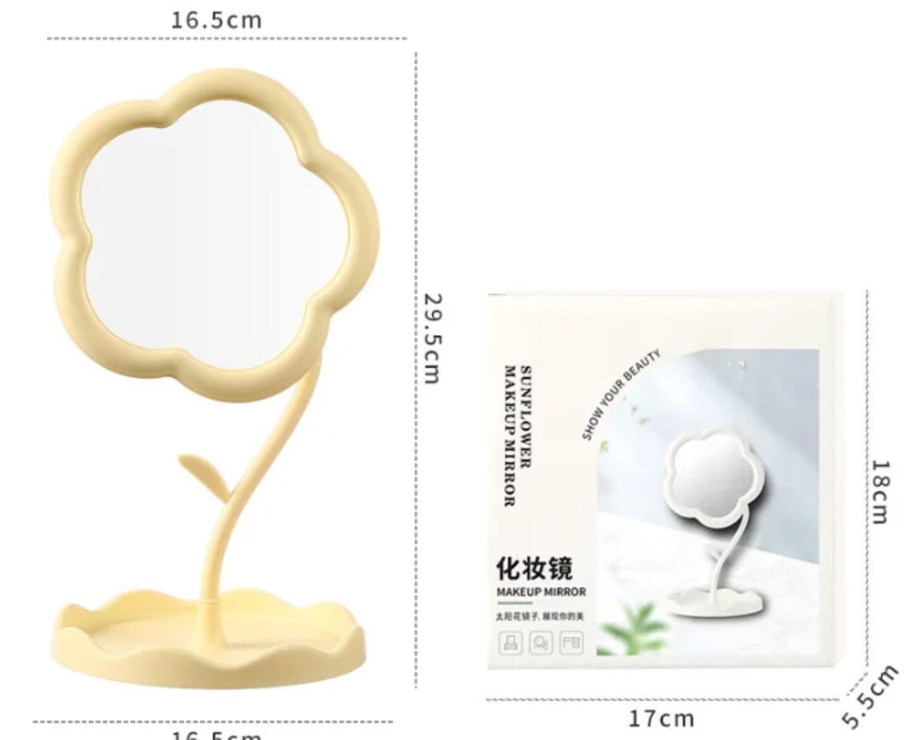 Personalized Sunflower Makeup Mirror Light 1x Desktop Vanity Organizer for Women Girls Bedroom Travel Cosmetic Use Flower Shaped Mirror Decorative Makeup With Jewelry Hair Accessories Tray Tabletop