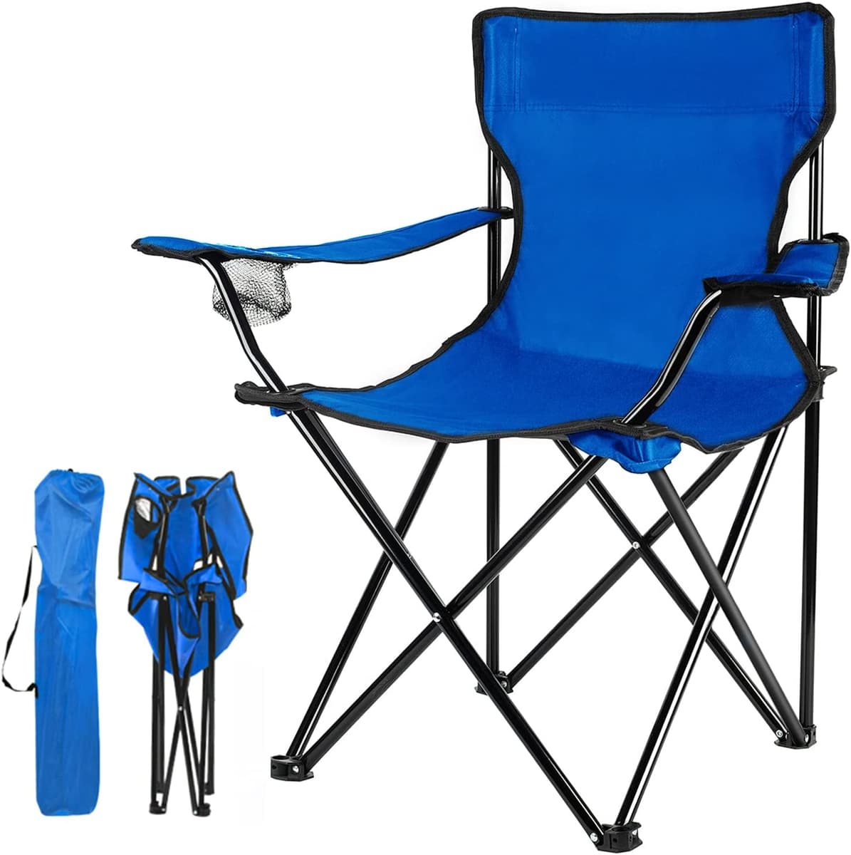 FOLDABLE CAMP CHAIR| Foldable Portable Camping Chair with Armrest & Side Pocket – Outdoor Travel Chair with Carrier Bag, Strong durable frame supports comfortable outdoor seating