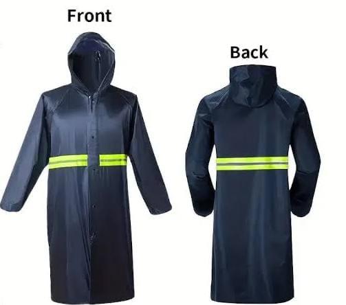 Heavy Duty Raincoat with Hood & Reflectors – Zippered Waterproof Jacket (Black & Navy Blue), Full front zipper closure for easy wear and secure fit, Reflective strips for safety and visibility.