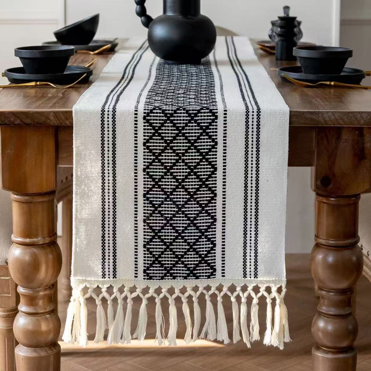 TABLE RUNNER| Boho Splicing Table Runner – Handwoven Cotton & Linen with Tassels (30×180cm), Handwoven boho-style pattern adds charm to any table, Elegant tassels at both ends for a decorative touch