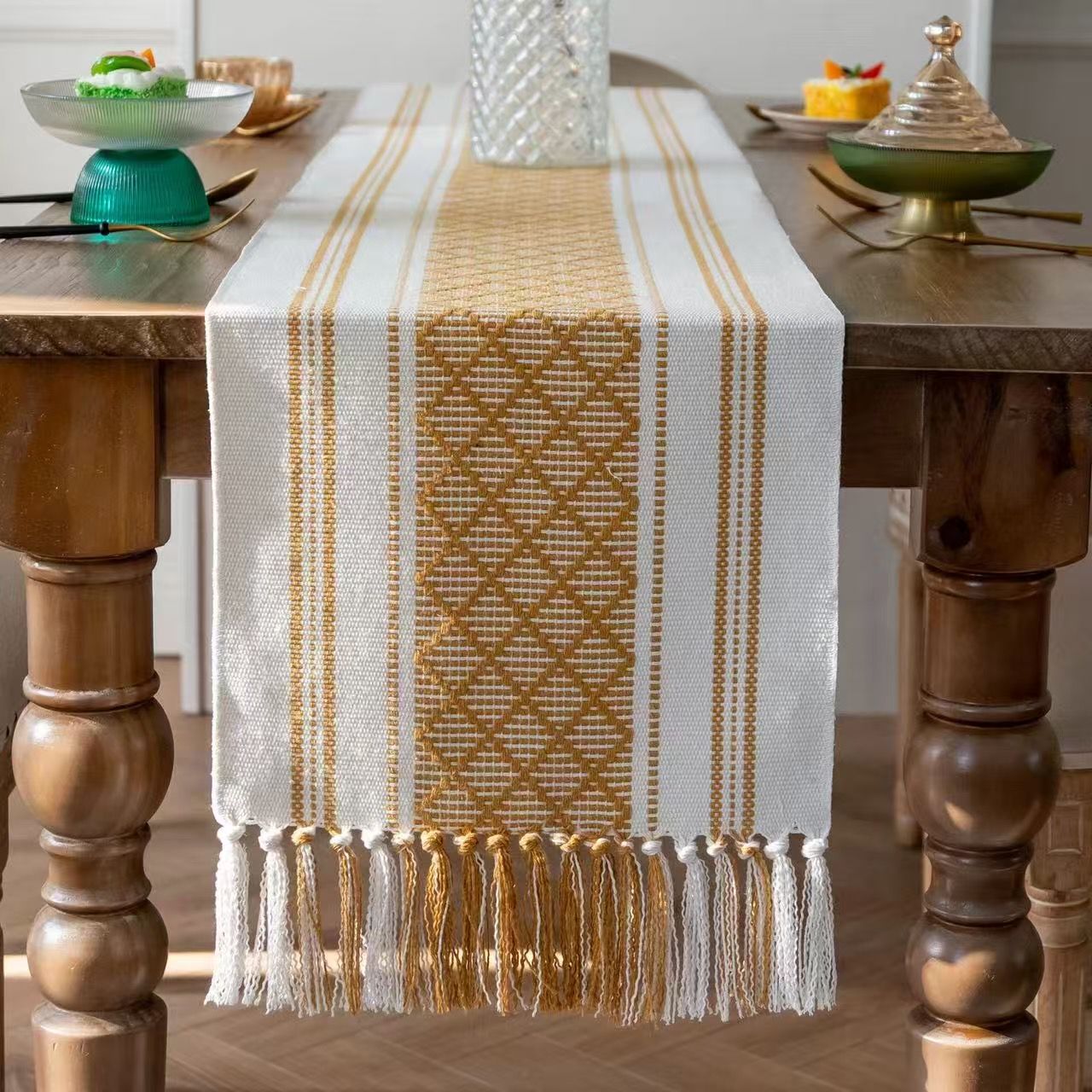 TABLE RUNNER| Boho Splicing Table Runner – Handwoven Cotton & Linen with Tassels (30×180cm), Handwoven boho-style pattern adds charm to any table, Elegant tassels at both ends for a decorative touch