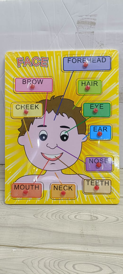 Educational Face Puzzle – Kids Learning Board, Colorful face puzzle with labeled parts: eyes, nose, mouth, ears, hair, and more