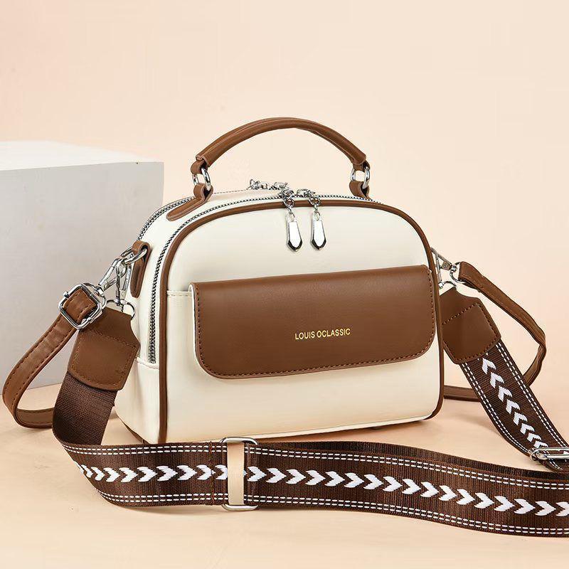 SHOULDER BAG| Elegant Two -Tone Vegan Leather Crossbody Bag - Louis Oclassic Two-Tone Structured Satchel with Geometric Embroidered Strap
