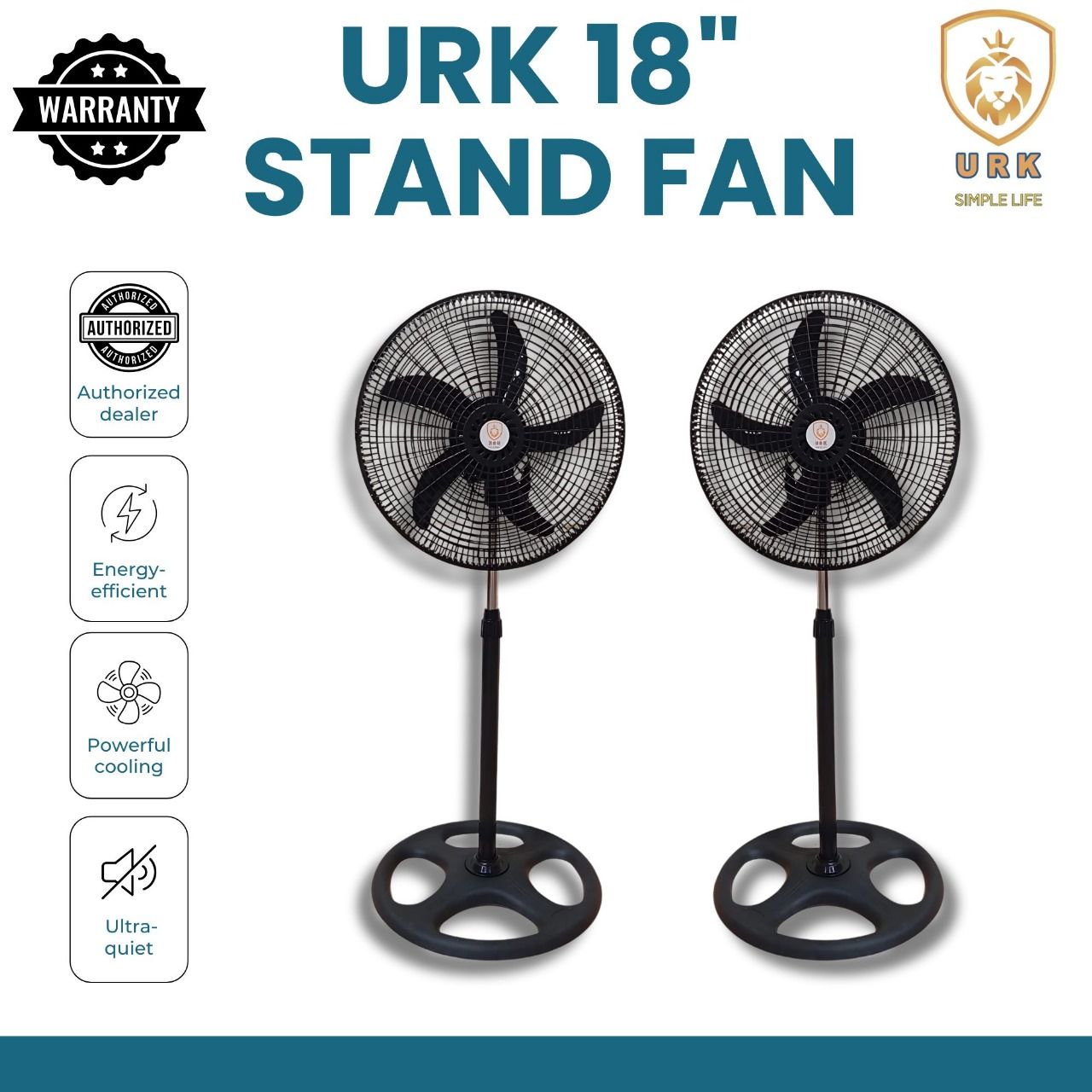 Urk 18inches Standing Fan - 3 speed, Special design fan blade & powerful motor for strong air delivery, Quiet operation, Tilting angle adjustment, Adjustable height, 180ͦ rotation control.