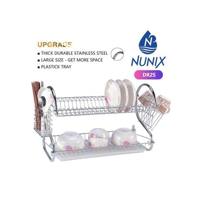Nunix 2 Tier Stainless Steel Dish Rack – Kitchen Utensils Storage Organizer with Drain Board, 2-tier large capacity design to hold plates, bowls, cups and utensils efficiently, Removable drain board.