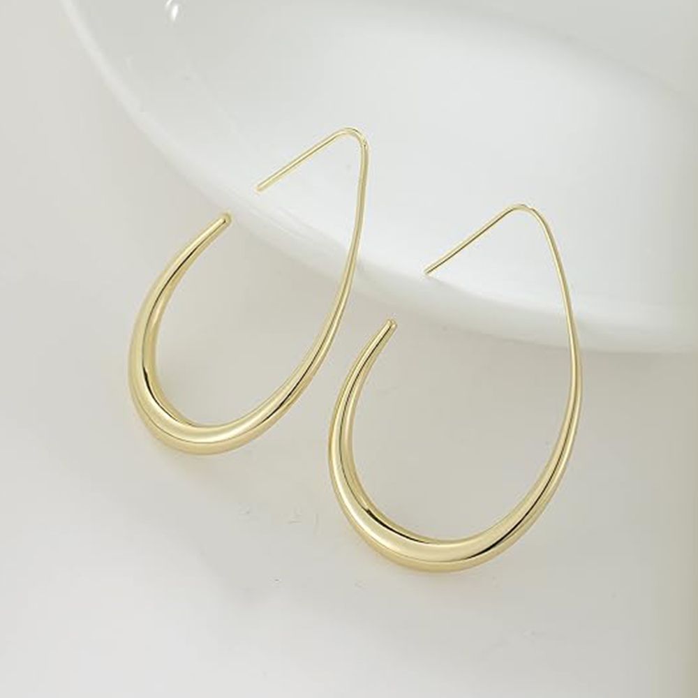 Lightweight Teardrop Hoop Earrings for Women - 14k Gold/White Gold Plated Large Oval Pull Through Hoop Earrings High Polished Statement Jewelry Gift for Women Teen Girls