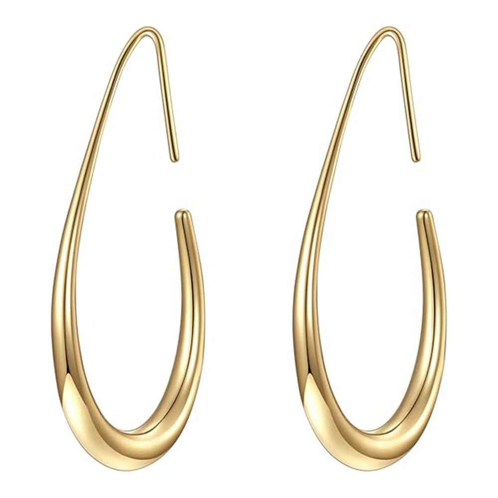 Lightweight Teardrop Hoop Earrings for Women - 14k Gold/White Gold Plated Large Oval Pull Through Hoop Earrings High Polished Statement Jewelry Gift for Women Teen Girls