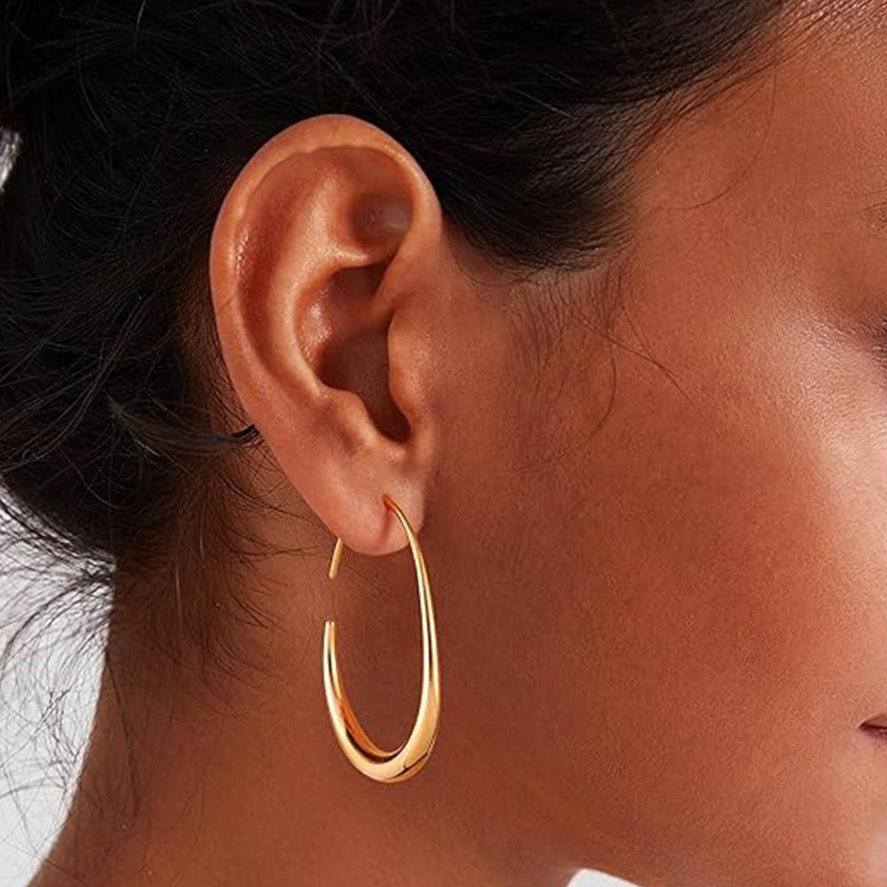 Lightweight Teardrop Hoop Earrings for Women - 14k Gold/White Gold Plated Large Oval Pull Through Hoop Earrings High Polished Statement Jewelry Gift for Women Teen Girls