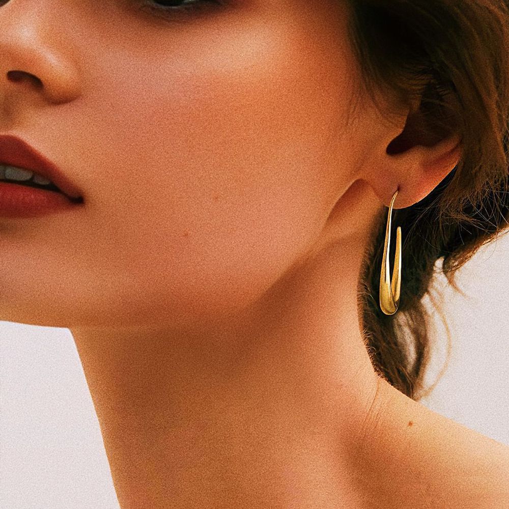 Lightweight Teardrop Hoop Earrings for Women - 14k Gold/White Gold Plated Large Oval Pull Through Hoop Earrings High Polished Statement Jewelry Gift for Women Teen Girls